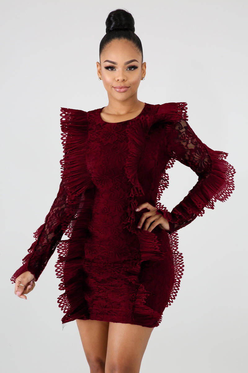 Long Sleeve Ruffles Bodycon Lace Dress LX 3081