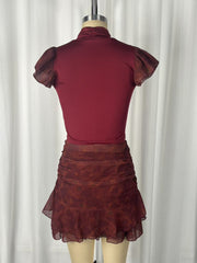 Solid Color Ruhced Lace Mini Dress Without Belt GWDS 260410