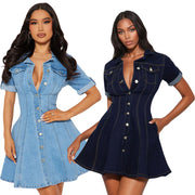 Short Sleeve Single Breasted Denim MIni Dress LX 6081