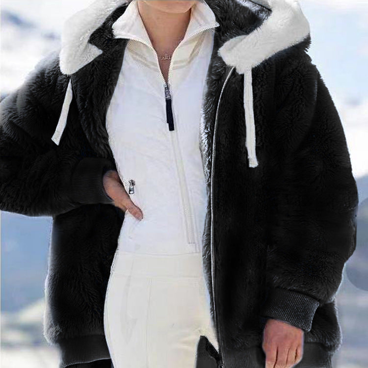 Plus Size Fashion Loose Plush Zipper Hooded Coat GOFY 9910