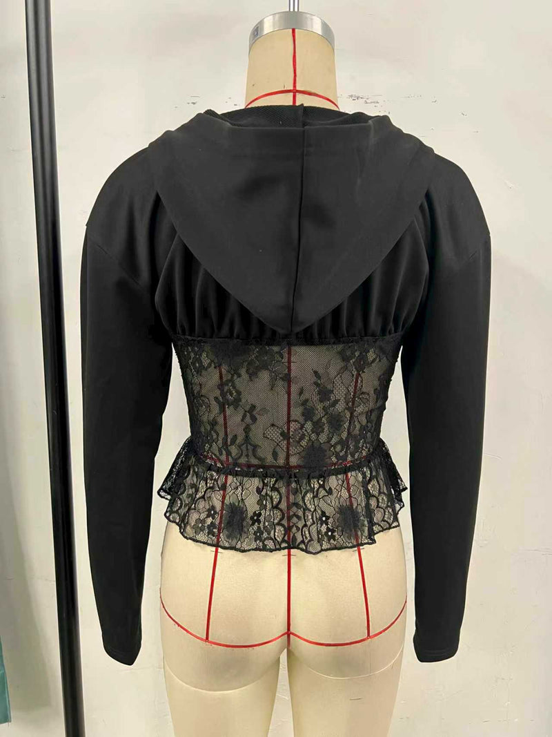 Lace Patchwork Zipper Hooded Coats GOMN 71348