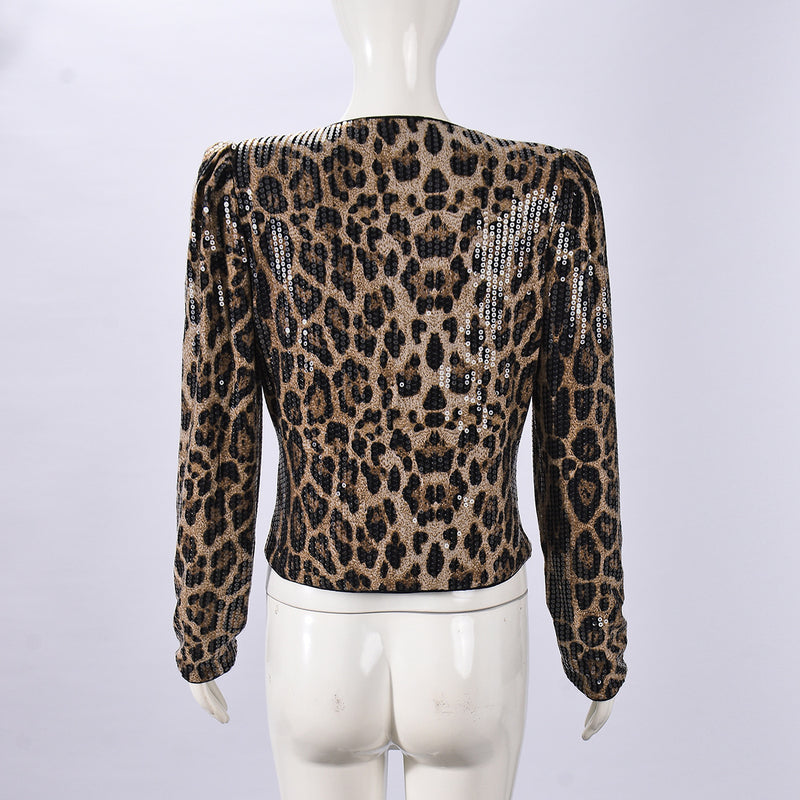 Leopard Print Sequin Long Sleeve Coats GFRT 51944TBD