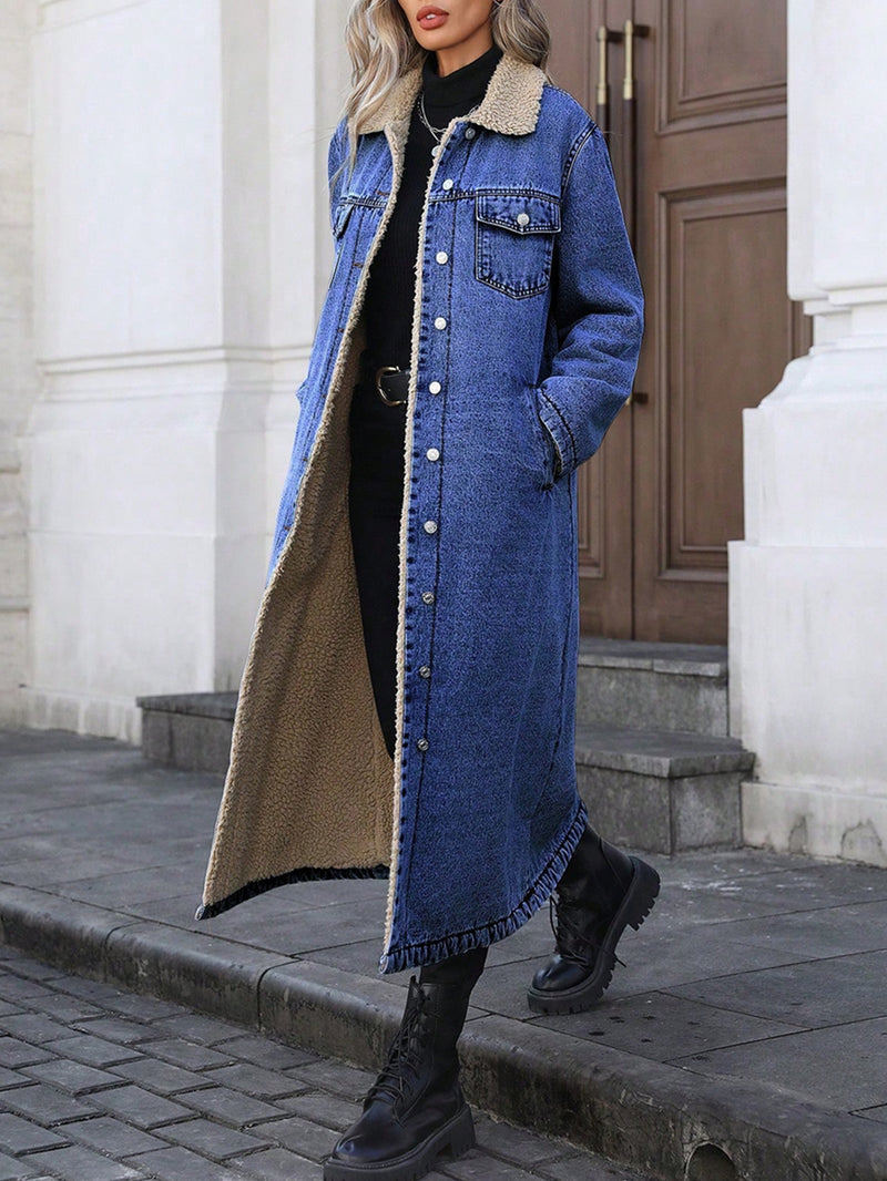 Loose Long Sleeve Denim Fleece Long Coat GYXN 20781