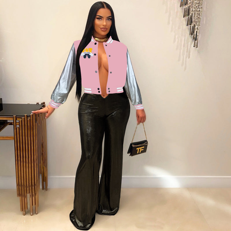 Embroidered Color Block Spliced Baseball Jacket MDF 5390