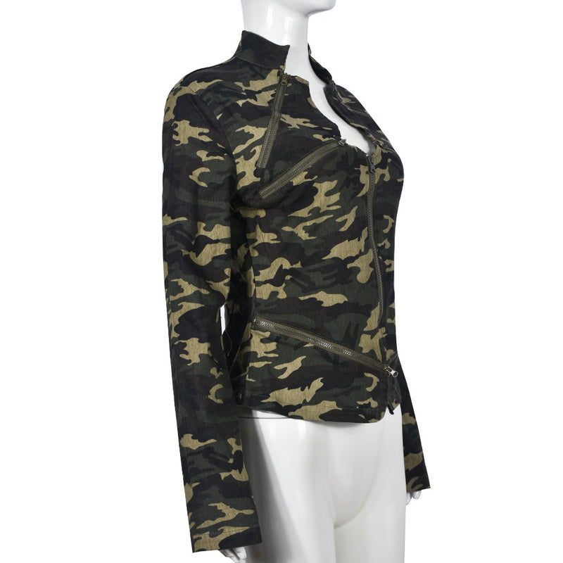 Camouflage Zipper Long Sleeve Stand Up Jacket GNZD 9527TD