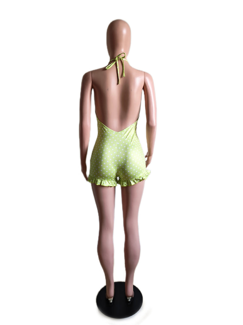 Polka Dots Print Tie Up Ruffles Romper GDYF 6814