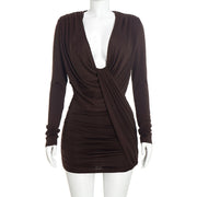 Deep V Neck Logn Sleeve Ruched Mini Dress GSZM C26DS333