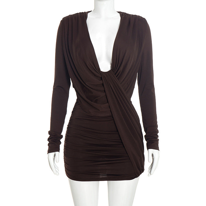 Deep V Neck Logn Sleeve Ruched Mini Dress GSZM C26DS333