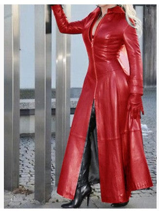 Plus Size Zipper Stand Neck Leather Long Coat GHKC Q012