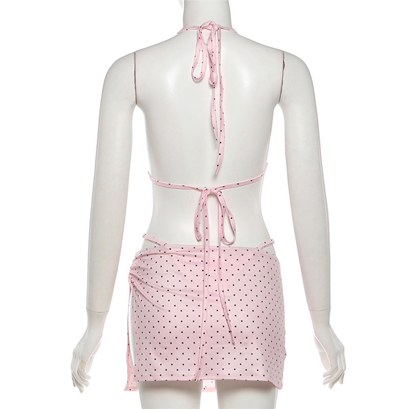 Polka Dots Print Tie Up Bikinis Skirt 3 Piece Set GYME K25S89257