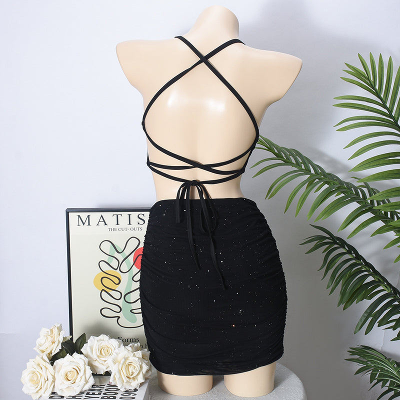Suspenders Wrap Chest Sexy Lace Up Two Piece Skirts Set GNZD 51621SBD