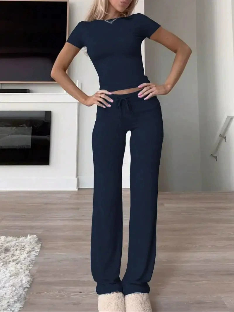 Solid Color Short Sleeve Sports Two Piece Pants Set GYWO 55007