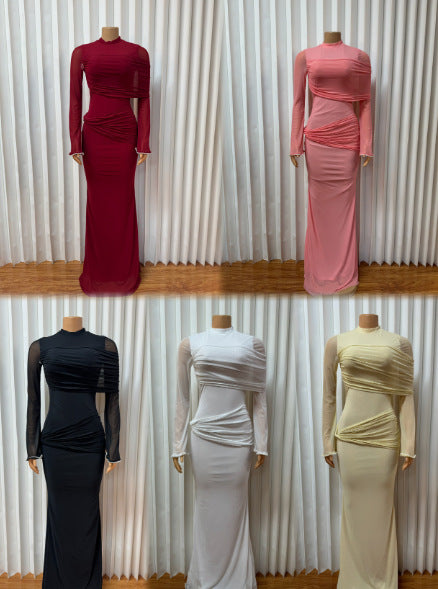 Sleeveless Mesh Ruched Maxi Dress GADE 9786