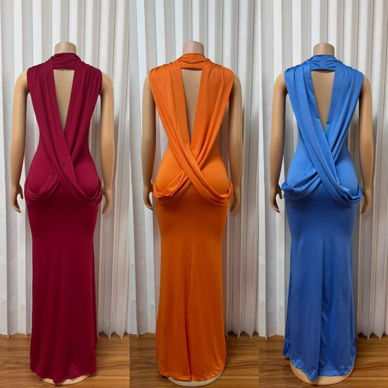 Solid Color Sleeveless Backless Maxi Dress GADE 11469