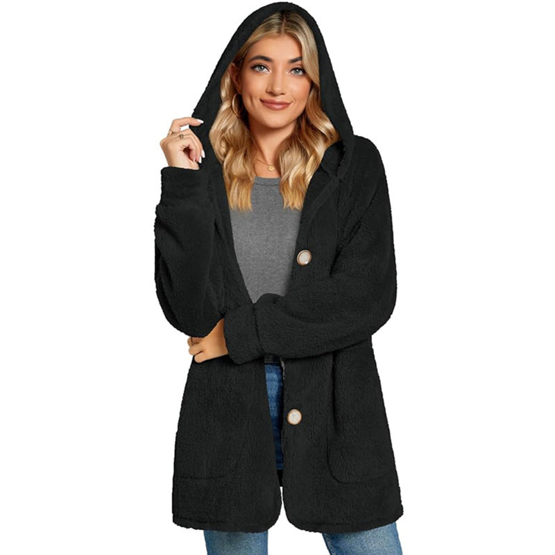 Plush Hooded Button Pocket Casual Coats GYOU CX826