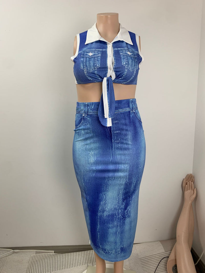 Plus Size Print Sleeveless V Neck Two Piece Skirts Set GAWE 6632