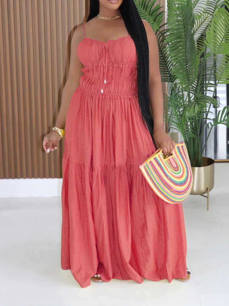 Solid Color Ruched Sling Maxi Dress AIL 349
