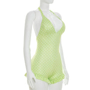 Polka Dots Print Halterneck Backless Romper GDSF D26RP139