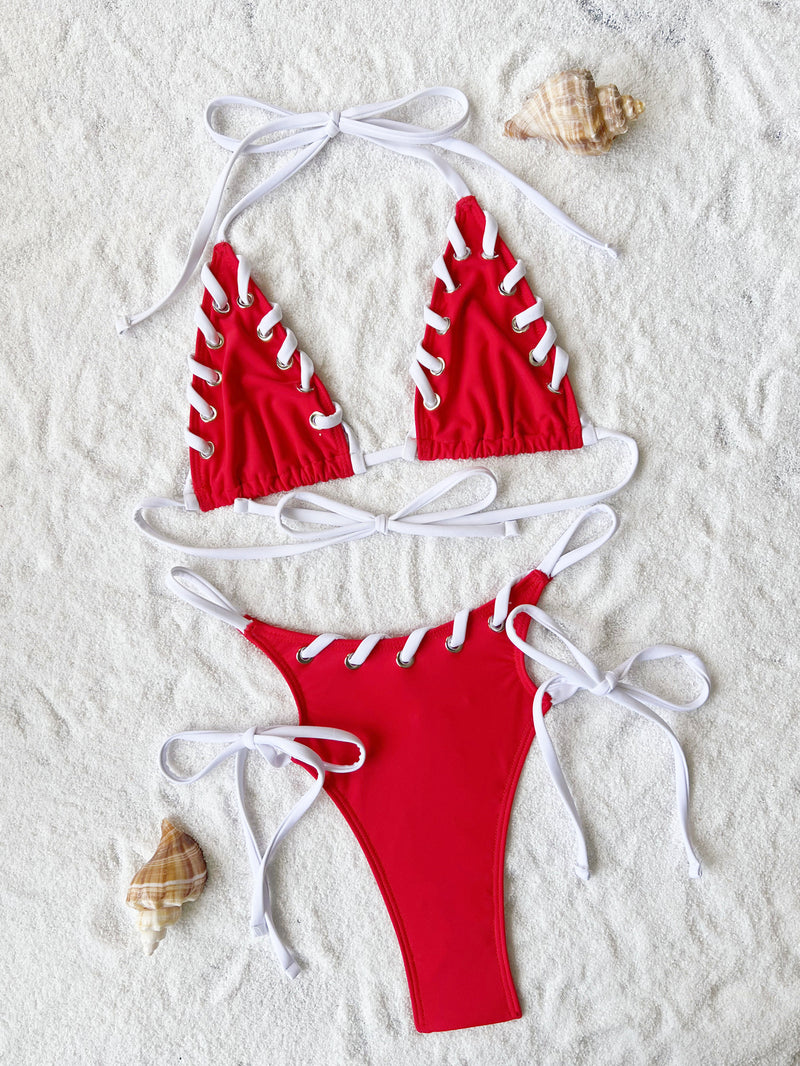 Hang Neck Patchwork Bikinis 2 Piece Swimsuit CASF 6697