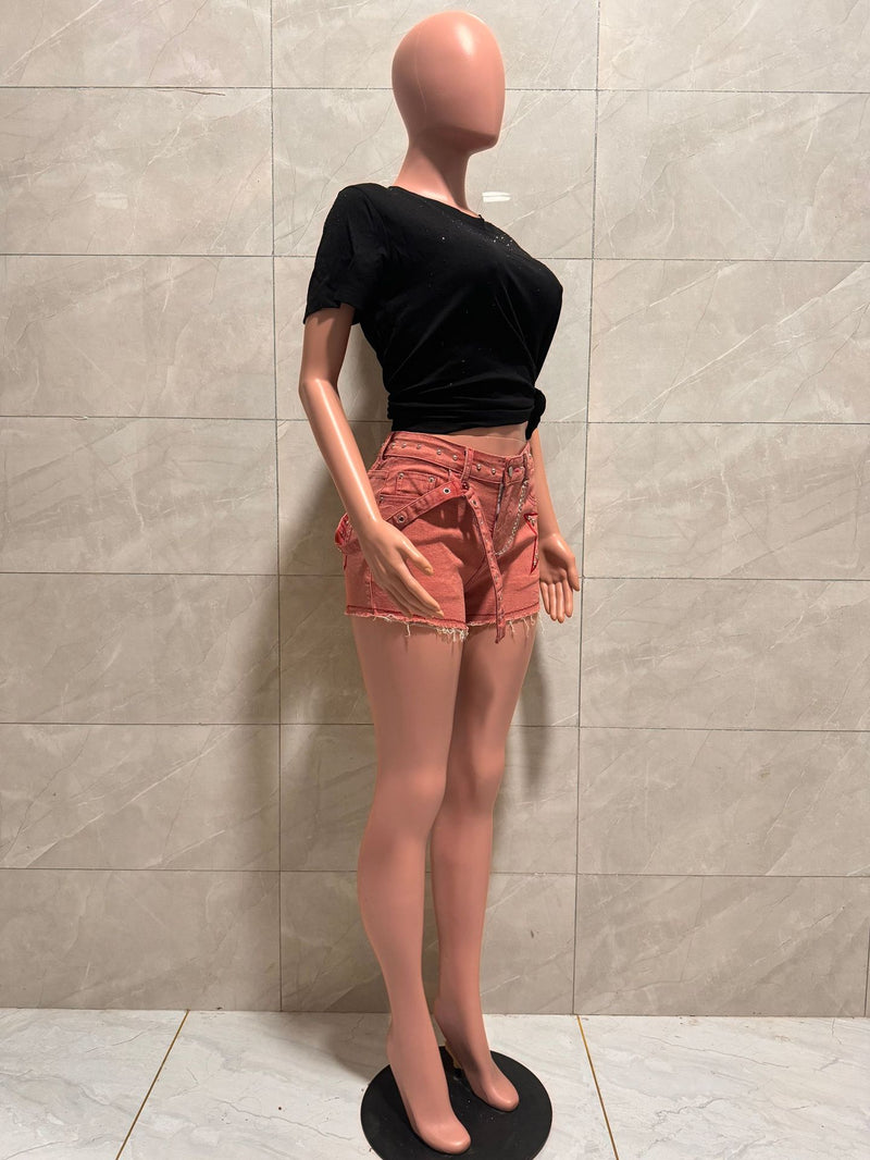 Rivet Embellished Waist Chain Denim Short LA 6010