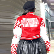 Ribbed Color Block Print Baseball Jacket YNSF 2663