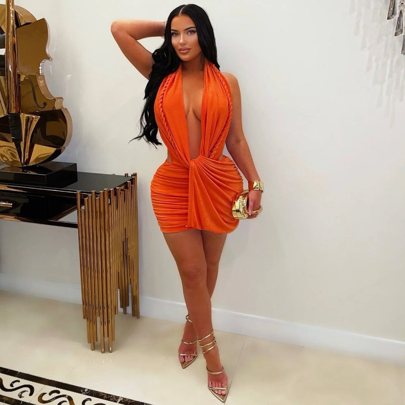 Deep V Neck Halterneck Mini Dress BY 7771