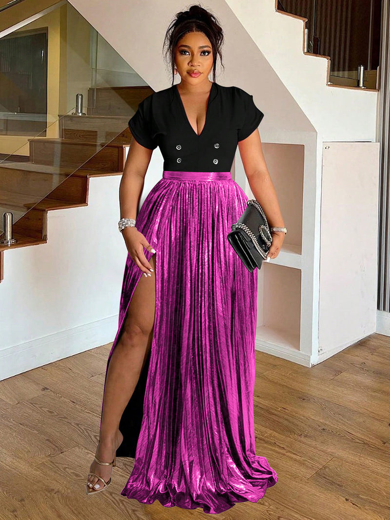 Plus Size Solid Color Press Pleated Split Long Skirts NNWF 6086