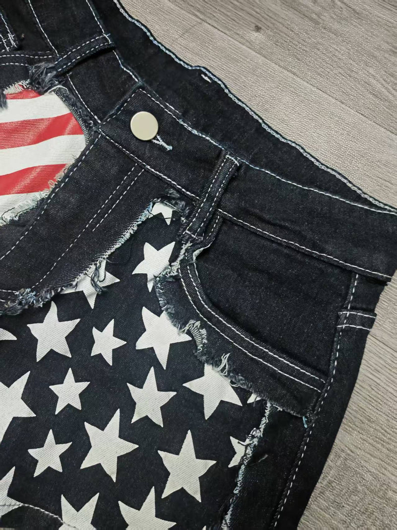 Retro Flag Print Patchwork Denim Shorts GQLF 7777