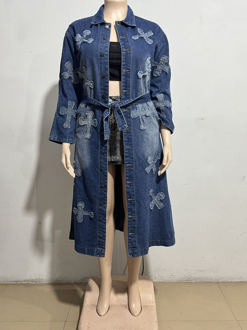 Plus Size Denim Cross Embroidered Long Trench Coat GAKF A41016