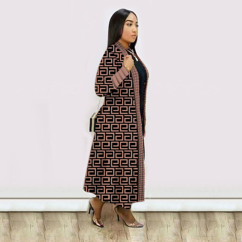 Plus Size Print Long Sleeve Knit Coat GRNH 8078