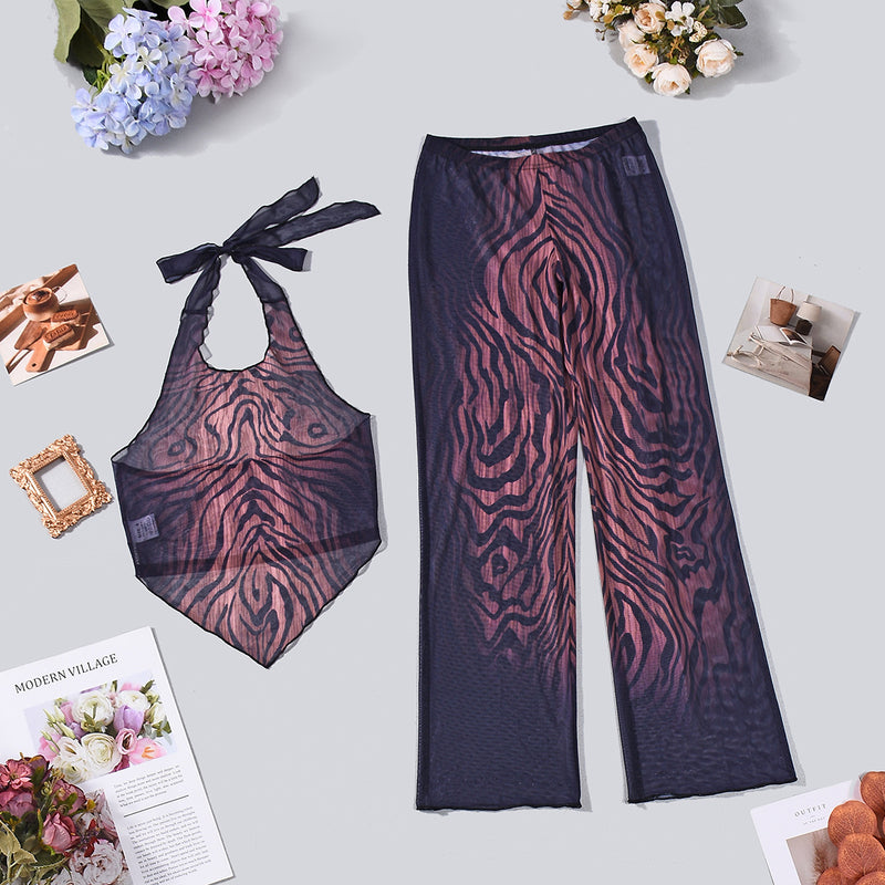 See Through Mesh Tie Up Two Piece Pants Set GNZD 11828
