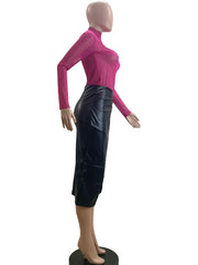 Pleated Split Irregular PU Leather Skirt QOUY M6006