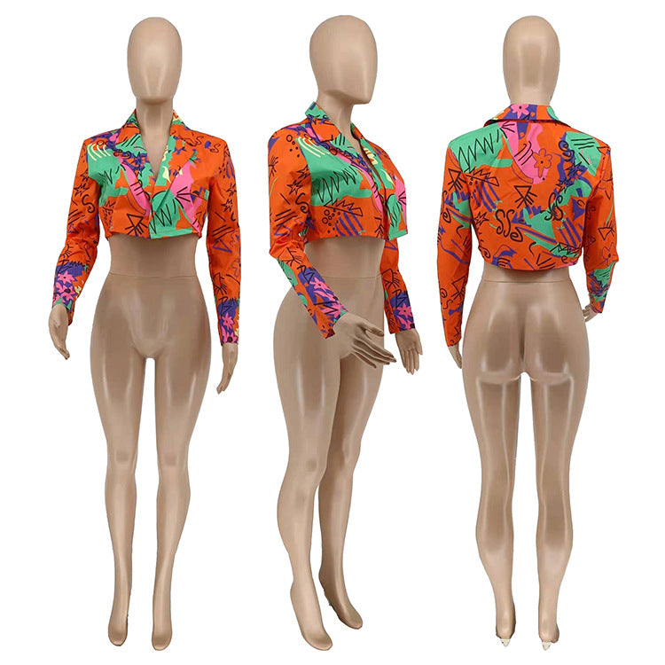Casual Printed Long Sleeve Cropped Blazer Coat WMEF 20770