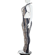 Snake Print Backless Hollow Out Jumpsuit MXBF J26JP014
