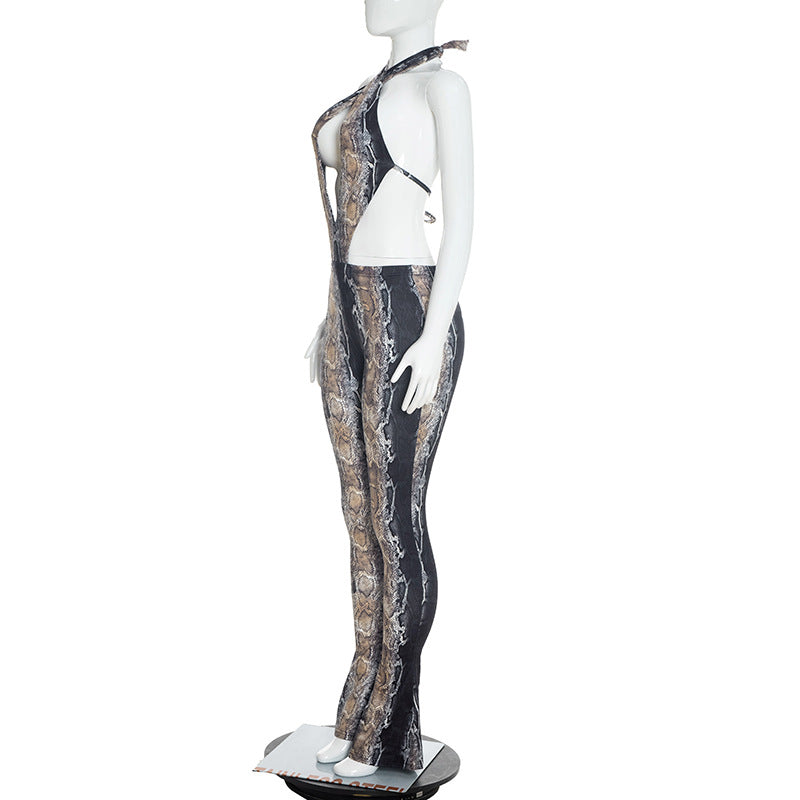 Snake Print Backless Hollow Out Jumpsuit MXBF J26JP014