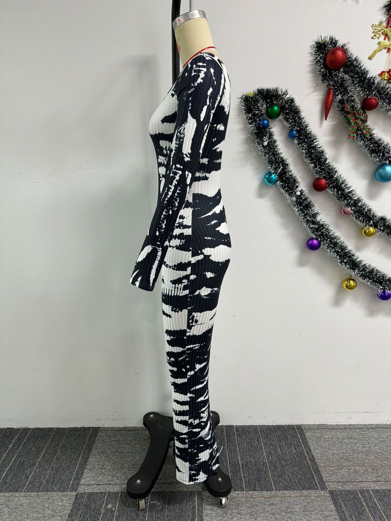 Print Long Sleeve Split Bodycon Dress NY 3136
