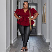 Plus Size Ruffle Sleeve Pleated Pullover Shirt NNWF 7780
