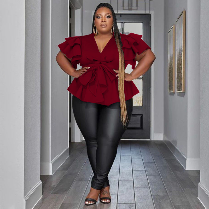 Plus Size Ruffle Sleeve Pleated Pullover Shirt NNWF 7780