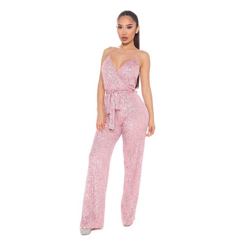 Sequin Sling V Neck Tie Up Jumpsuit GYOM 8817