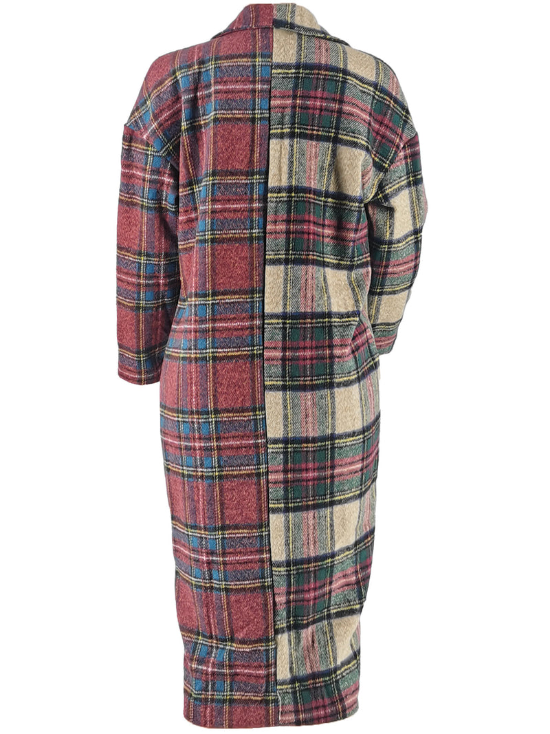 Plaid Color Blocking Long Sleeve Long Coat ZDF 31303