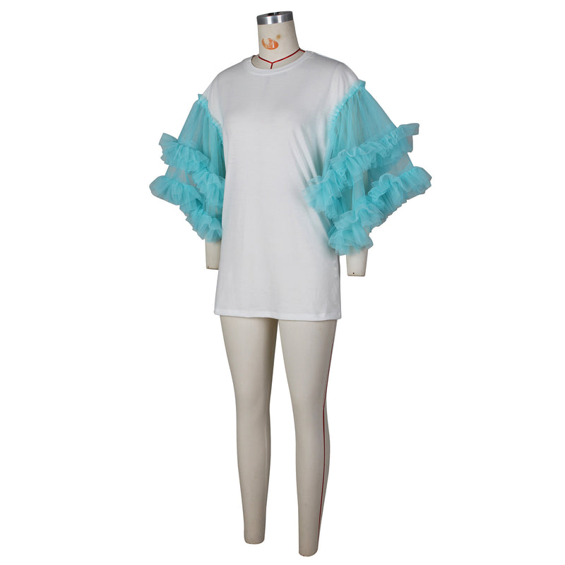 Mesh Patchwork Sleeve Loose Solid T Shirt ZSD 0615