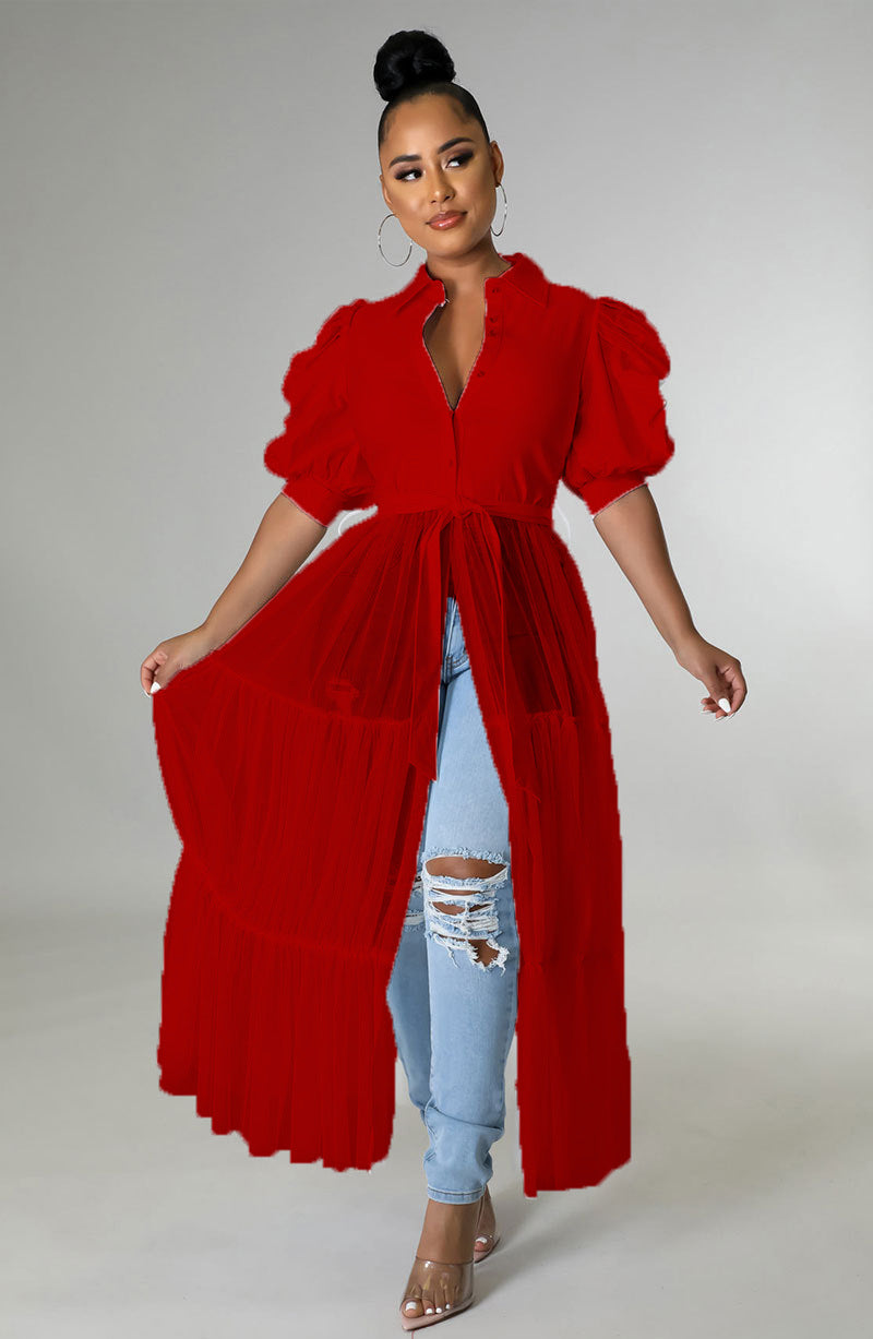 Mesh Patchwork Puff Sleeve Shirt XHXF 935