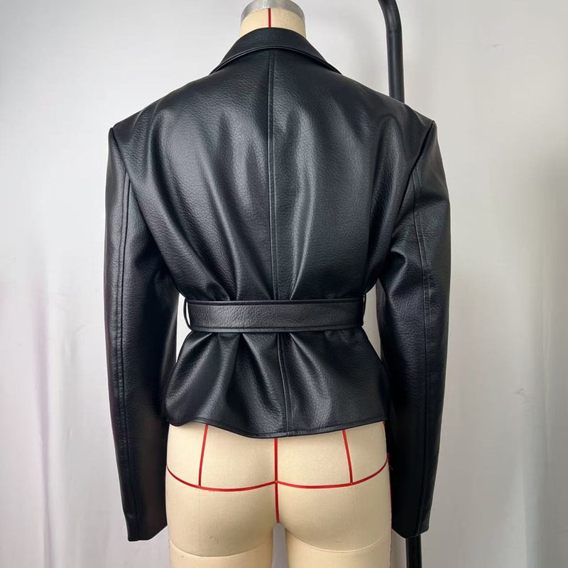 Long Sleeve Tie Up Leather Coat GPBY CT8221