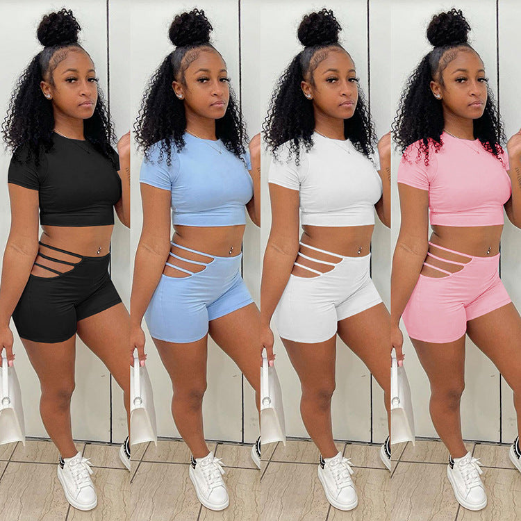 Sexy Solid Short Sleeve Hollow Shorts 2 Piece Sets GLF 7028