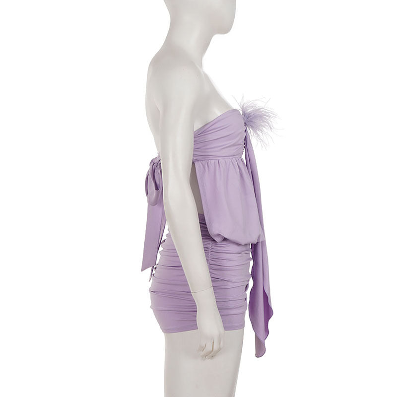 Solid Color Feather Patchwork Mini Dress GPKJ MR48722