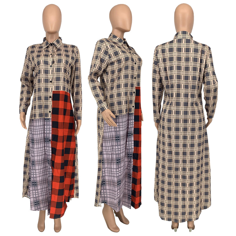 Plus Size Plaid Print Long Sleeve Maxi Shirt GLF 08082