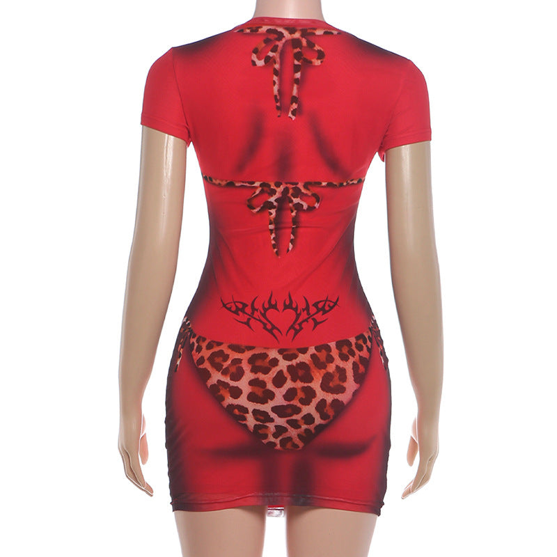 See Through Print Short Sleeve Mini Dress XEF K6D15964A
