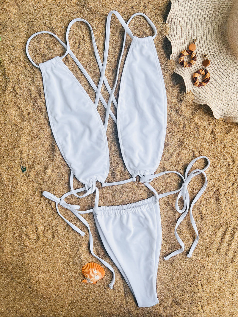 Solid Color Sexy Cross Tie Up One Piece Swimsuit CASF 6588