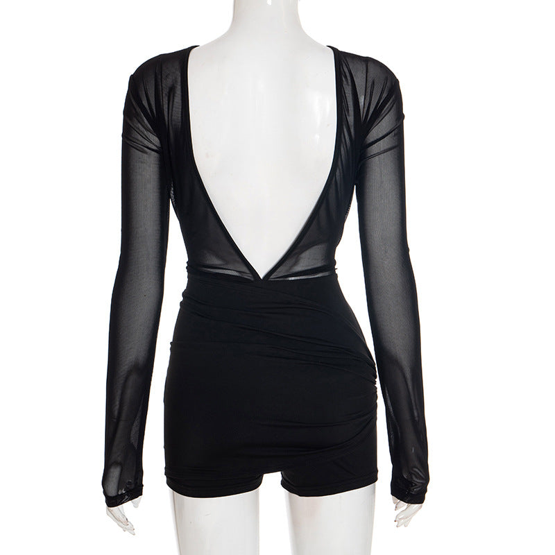 Sexy Mesh Long Sleeve Pleated Romper GSZM C25RP262