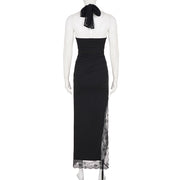 Lace Patchwork Halterneck Split Maxi Dress GPKJ MR47722